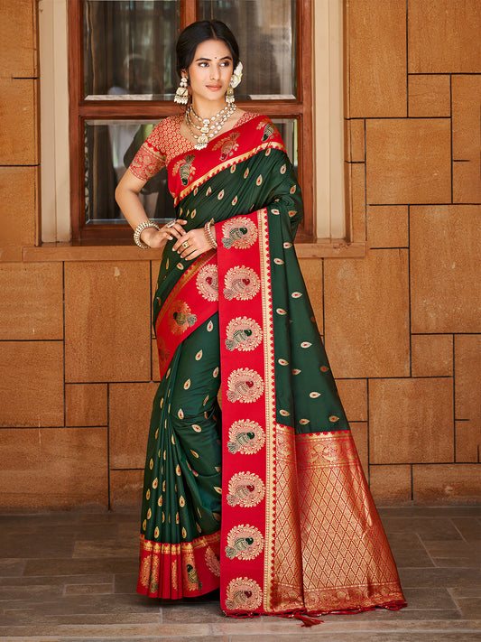 Sangam Prints Dark Green Silk Woven Work Traditional Saree