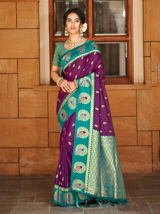 Sangam Prints Wine Silk Woven Work Traditional Saree