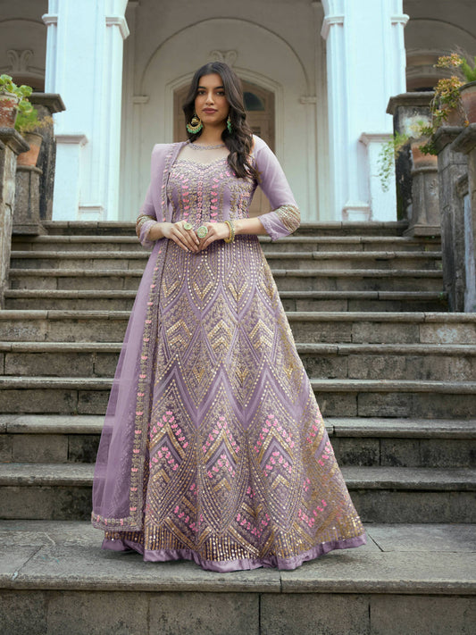 Lavender Butterfly Net Anarkali Embroidered Kurta Set - Aadishri