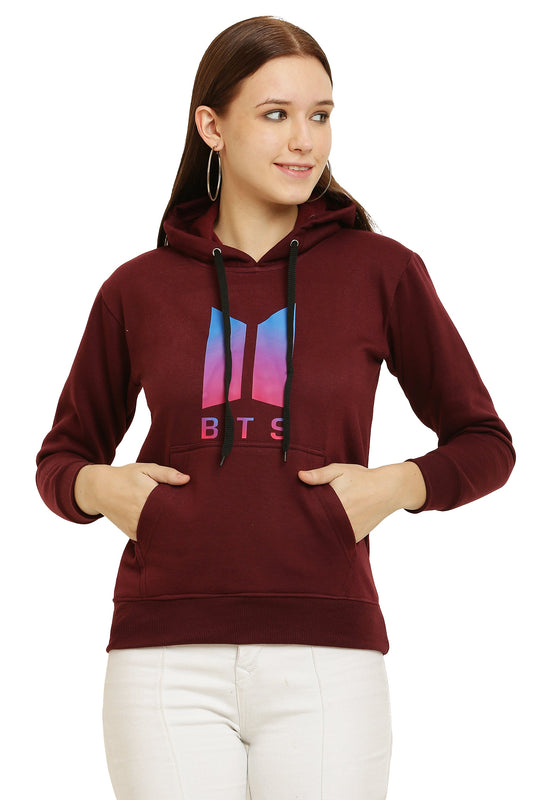 PAVONINE Maroon Color Bts-Design Pullover Hoodie Sweatshirt For Girls