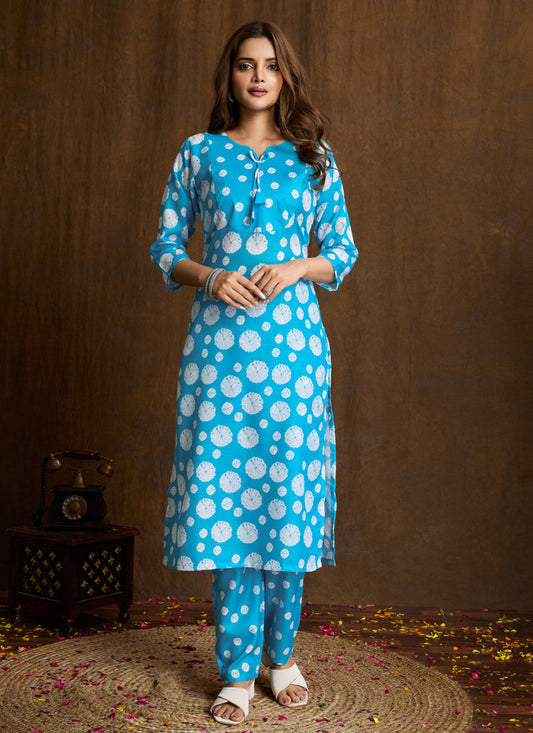 Prazu Fashion Sky Blue Printed Cotton Blend Kurta Pant Set