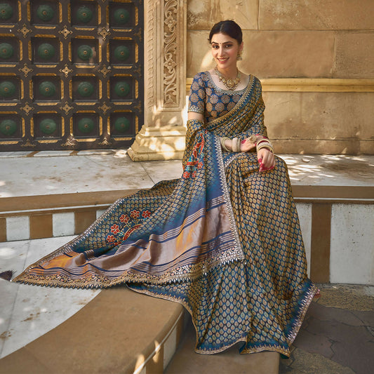 Navy Blue Gajji Silk Gota With Handwork Saree With Unstitched Blouse - Norita Gajri