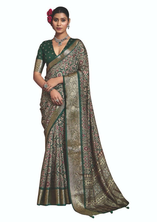 Joban Fashion Green Multi Color Dola Tussar Silk Self Jacquard Border Saree