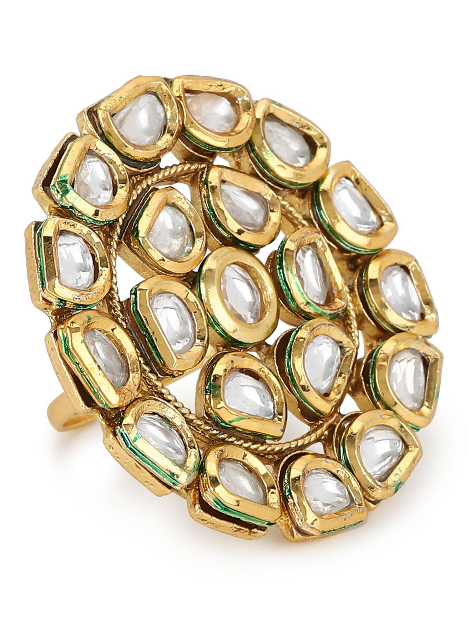 Gold-Plated White Kundan Studded Adjustable Finger Ring - Ruby Raang - Grab2buy