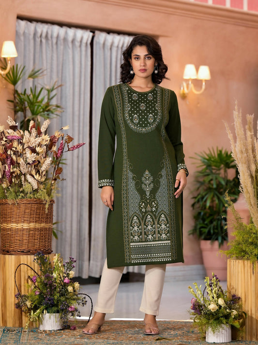 Juniper Women's Olive Ethnic Motif Printed Polycotton Kurta