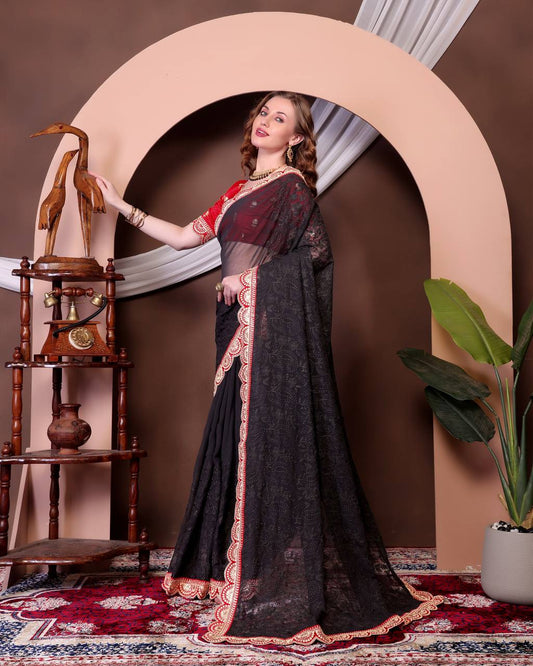 Teeya Creation Black Color Georgette Fabric Chikankari Work Saree