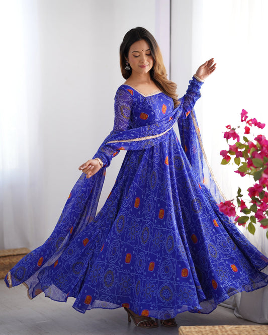 Lorenvalley Women Soft Lightweight Chiffon Bandhej Print Fabric Anarkali Kurta Pant With Dupatta Set