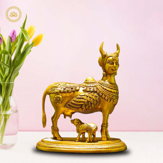 Brass Kamadhenu with Calf Idol - Divine Source of Fulfillment and Nourishment - Grab2buy