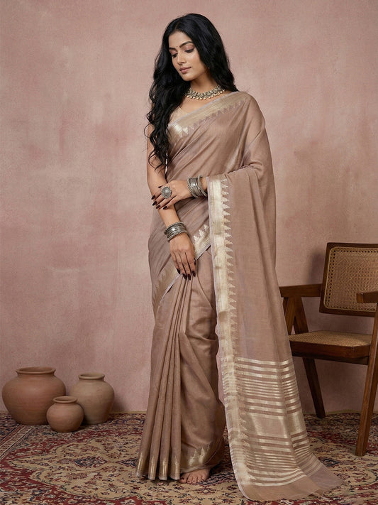 Anaita Brown Cotton Saree With Blouse