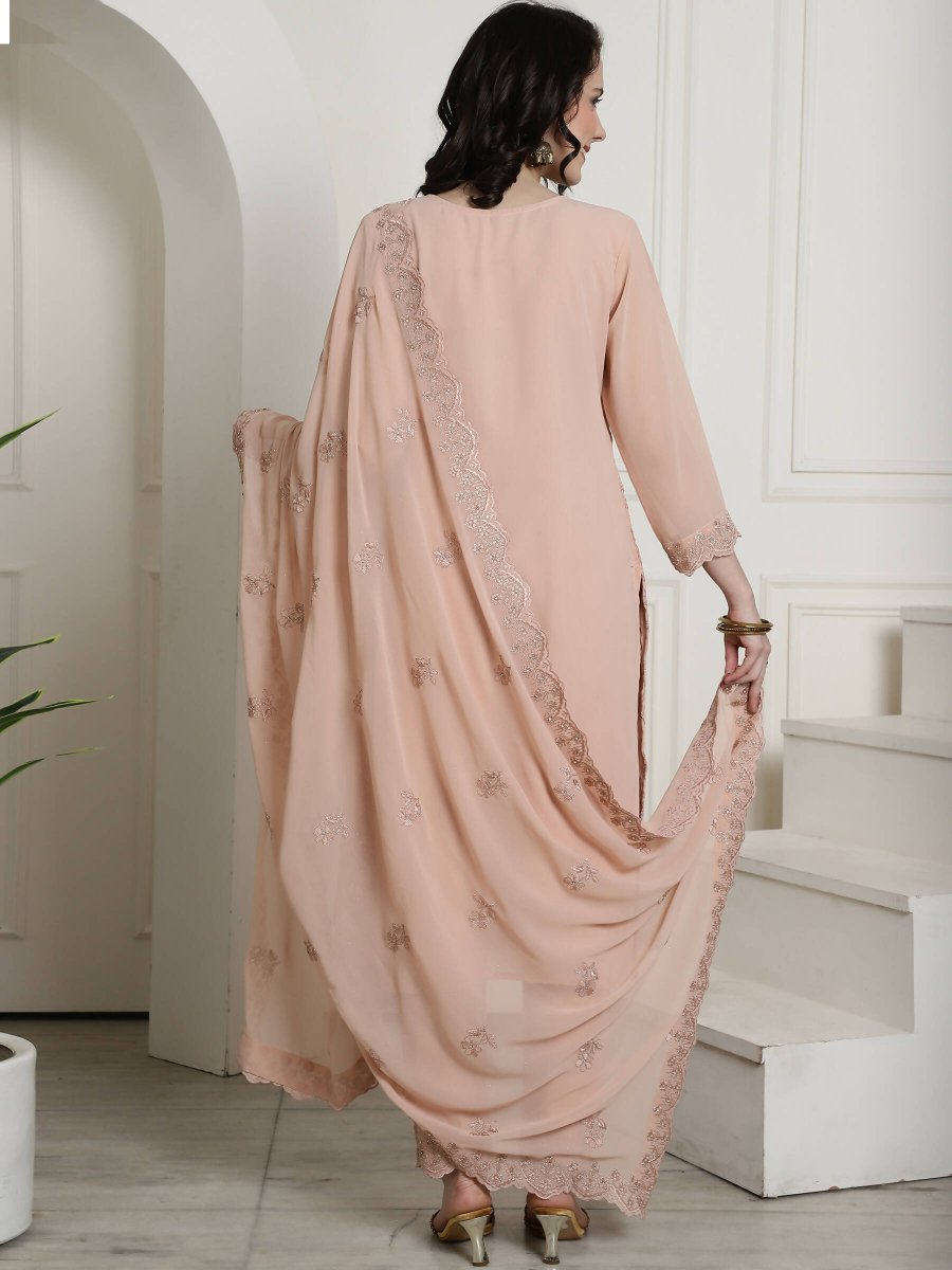 Aastha Fashion Women's Peach Georgette Floral Resham Thread with Cording & Crystal work Kurta with Trouser & Dupatta - Grab2buy