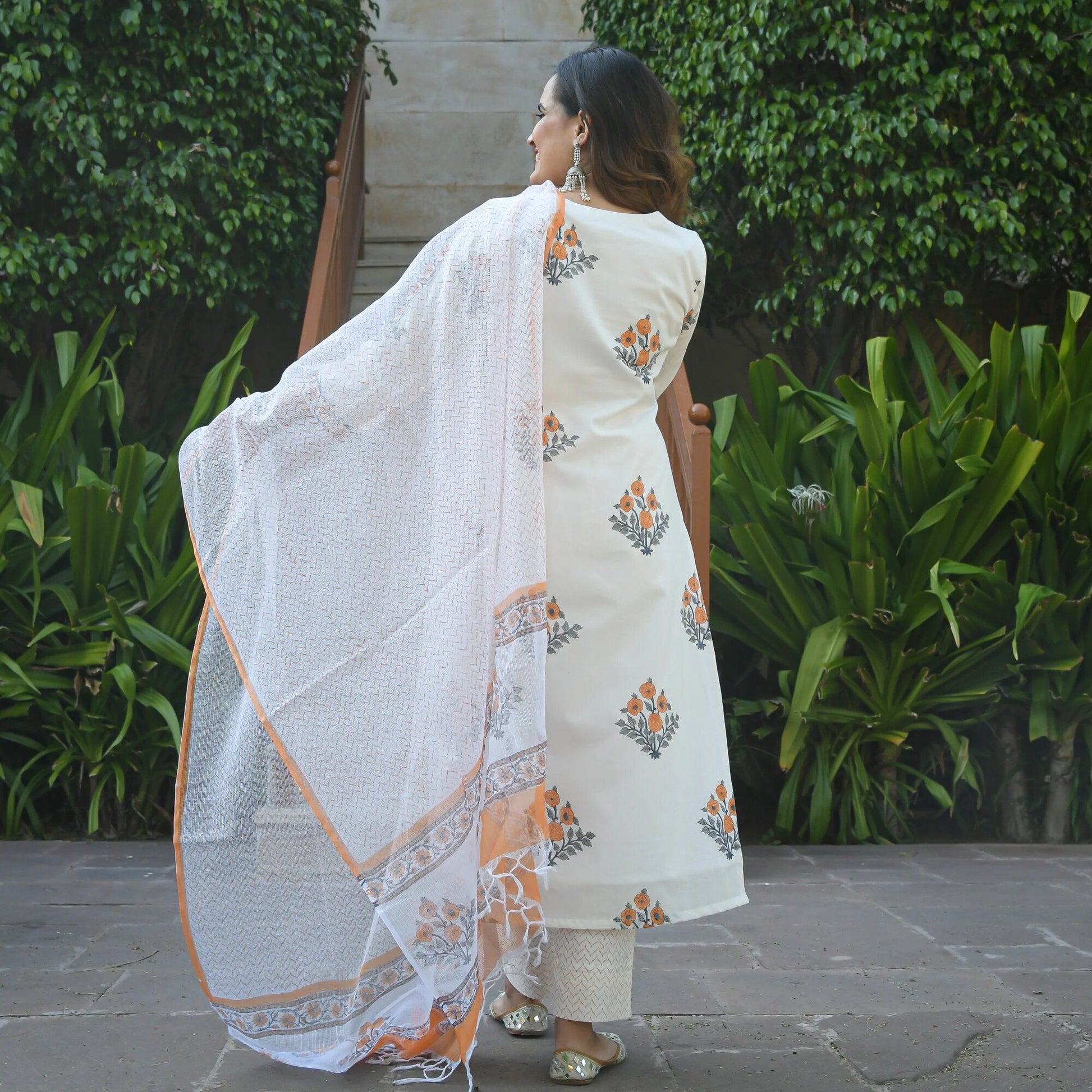 Malishka Women White Cotton Floral Printed Kurta Pant & Dupatta Set - White - Grab2buy