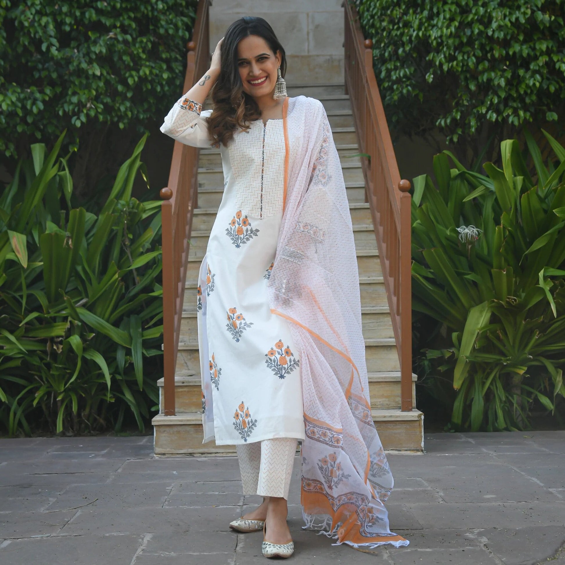 Malishka Women White Cotton Floral Printed Kurta Pant & Dupatta Set - White - Grab2buy