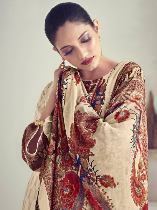 Aastha Fashion Women's Beige Muslin Floral Digital Print with Resham Thread work Kurta with Trouser & Dupatta - Grab2buy
