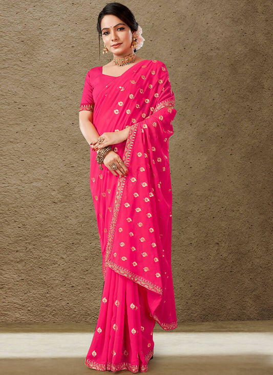 Pink Georgette Embroidered Saree with Unstitched Blouse Piece - Avika