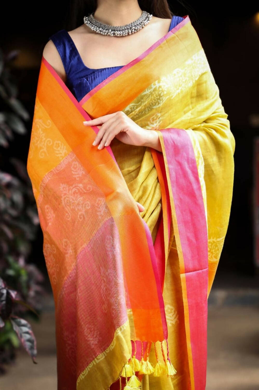 Very Much Indian Pure Linen Saree With Sleek Border And Exclusive Design - Yellow - Grab2buy