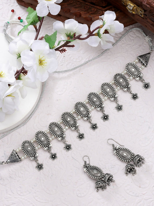 NVR Women's Silver-Plated Choke Oxidized Necklace with Jhumka Earrings