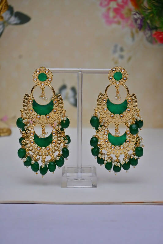 Meenakari Work Gold Plated 2 Layered Beaded Green Chandbali Earrings with Kundan and Pearl Work By House of Ree - Grab2buy