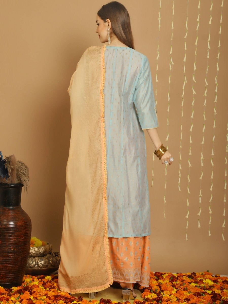 Aastha Fashion Women's Turquoise Chanderi Silk Elegant Jardoshi Kurta with Trouser & Dupatta - Grab2buy