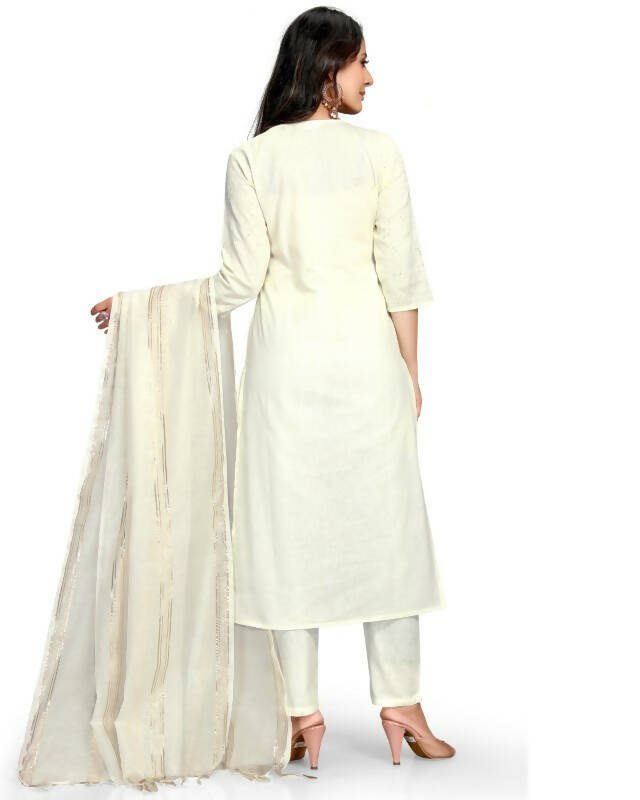 Aastha Fashion Women's Off White Cotton Flex Embroidered Kurta with Trouser & Dupatta - Grab2buy