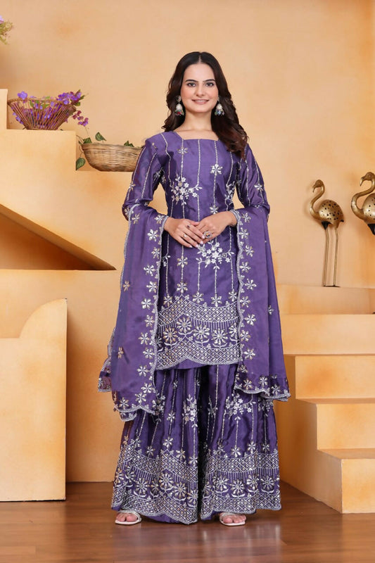 Joban Fashion Purple Silk Embroidered Sharara Set