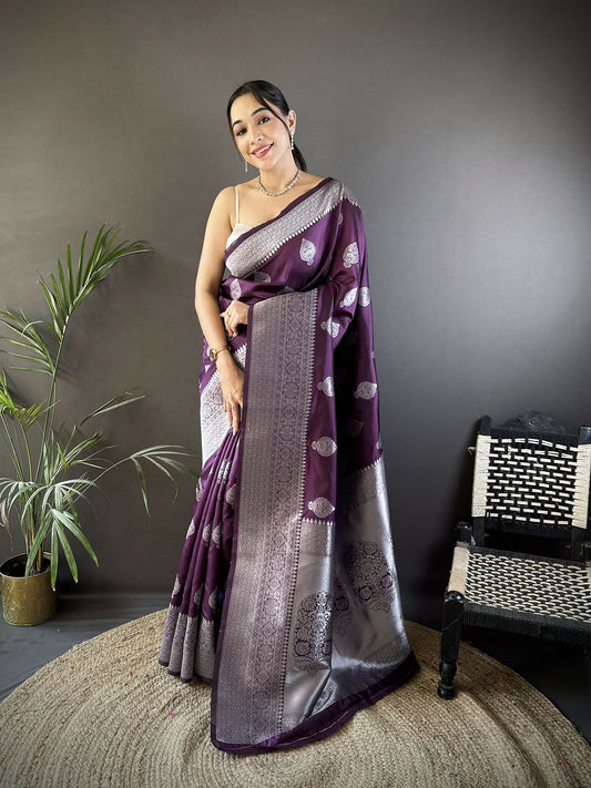 Joban Fashion Wine Floral Motifs Soft Silk Banarasi Saree