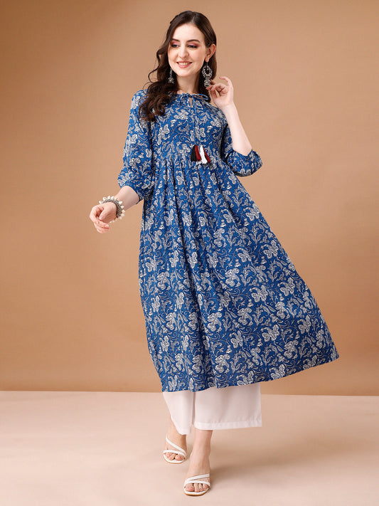 Floral Printed Flared Tie Up Neck Kurta, Multicolor - Hiral Fashion