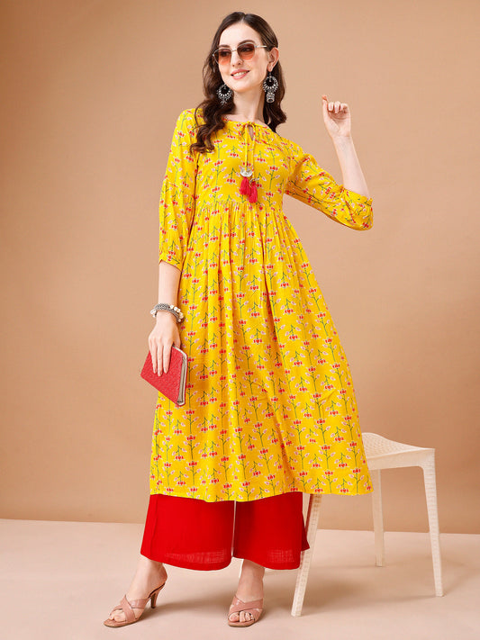 Floral Printed Flared Tie Up Neck Kurta, Multicolor - Hiral Fashion