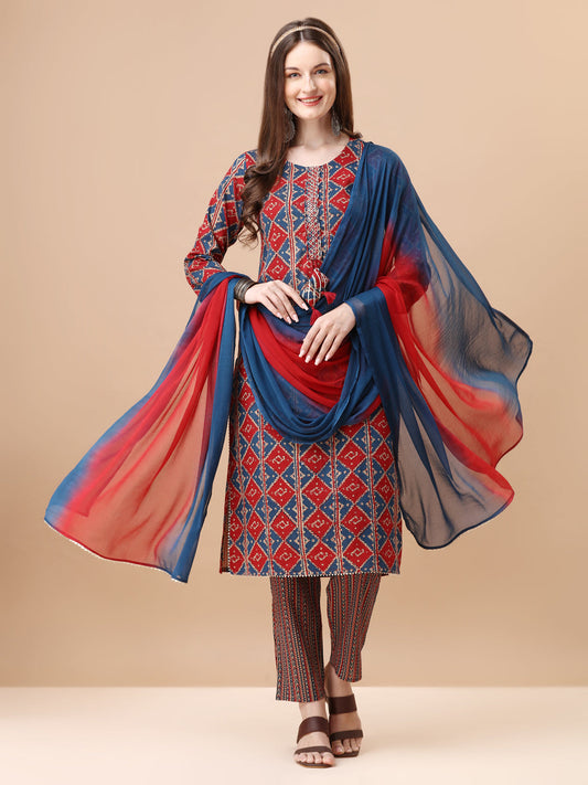 Printed & Little Mirror Embellished Kurta With Pant & Dupatta, Multicolor - Hiral Fashion