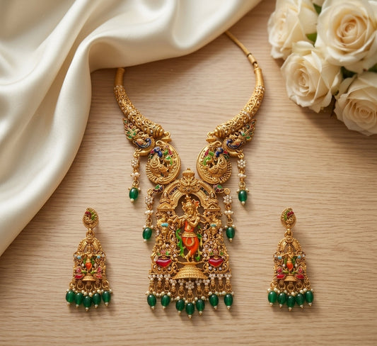 Jewel City Antique Gold Plated South Indian Temple Jewelry Set - Krishna Motif Necklace with Jhumka Earrings for Weddings