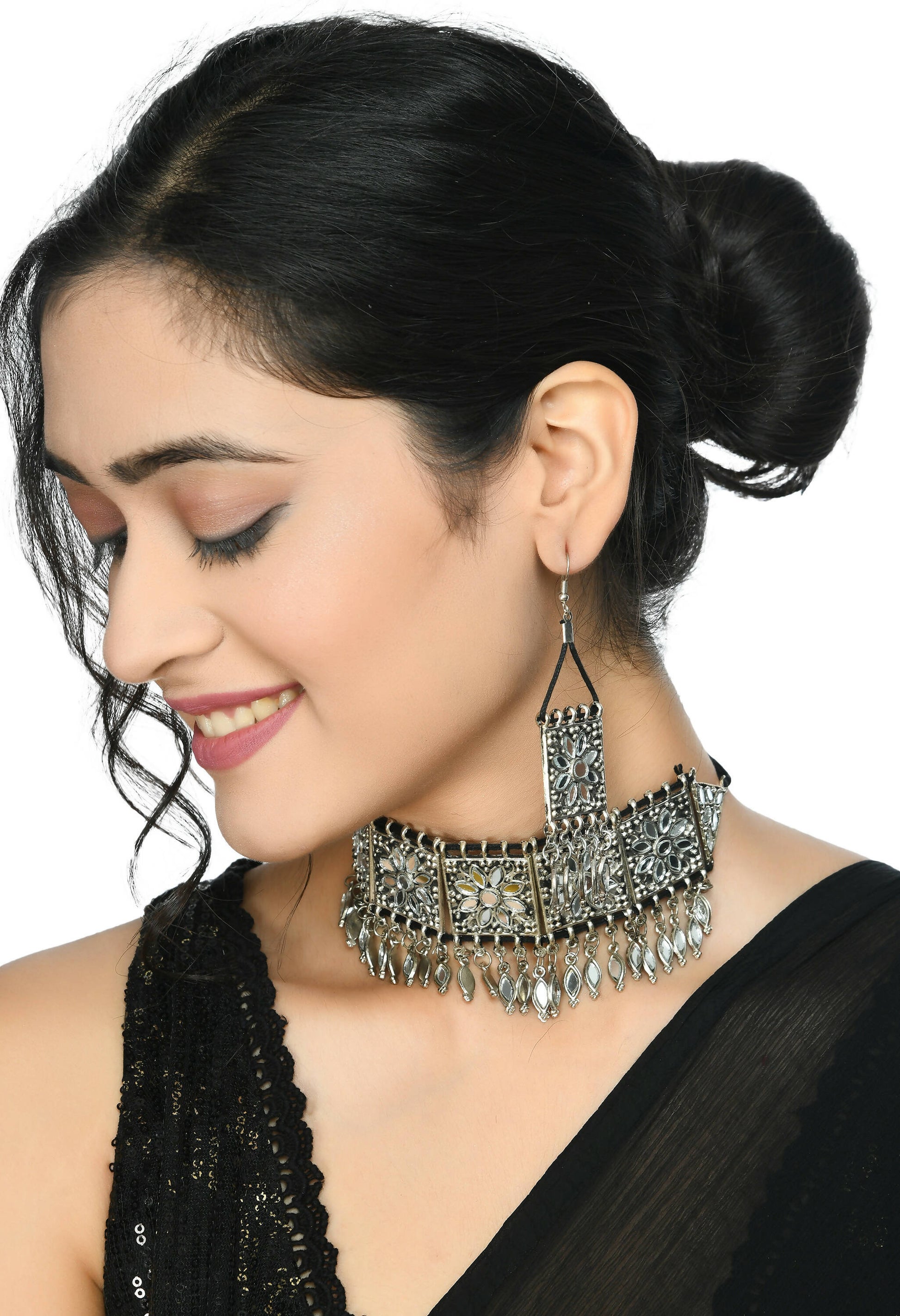 Mominos Fashion Johar Kamal Women Silver-Plated Brass Finish Mirror Work Choker - Grab2buy
