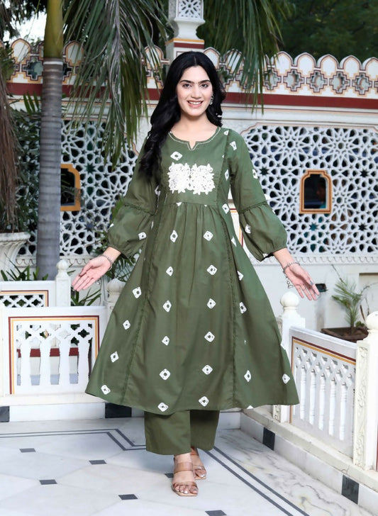 Miravan Women's Moti And Chikan Embroidered Bandhani Printed A-Line Mehandi Kurta Palazzo Set