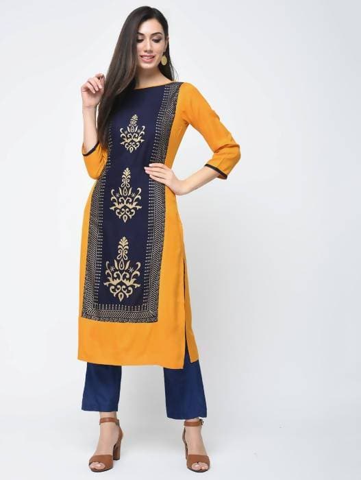 Aniyah Rayon Block Printed Straight Kurta In Mustard And Blue (AN-119K) | Grab2Buy