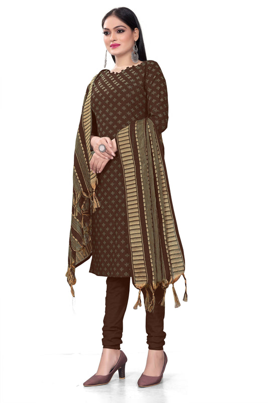 Brown Cotton Jacquard Woven Unstitched Dress Material - Amara