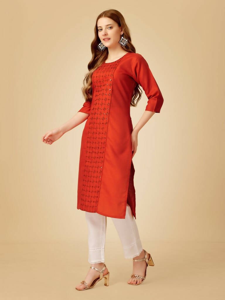 Aastha Fashion Women's Rust Cotton Blend Embroidered Kurta Pant Set - Grab2buy