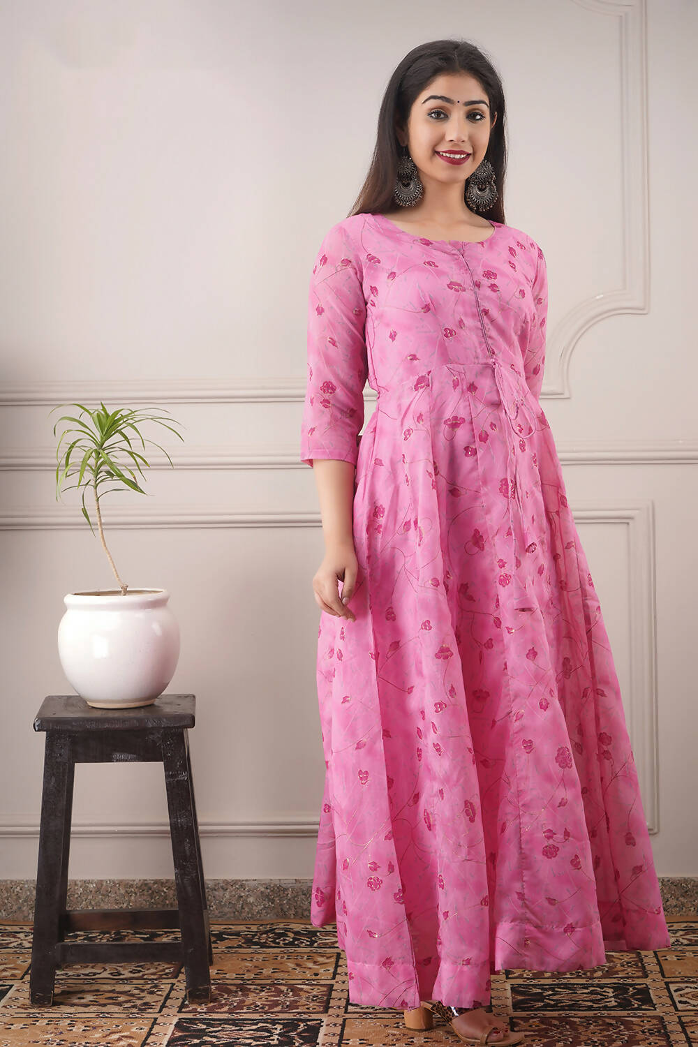 Partywear Designer Hand Screen and Foil Print pink Pure chanderi Gown - Anbazaar - Grab2buy