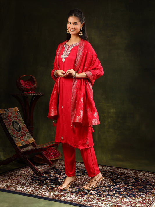 Hand Embroidered Kurta With Pant & Banarasi Silk Dupatta, Red - Hiral Fashion