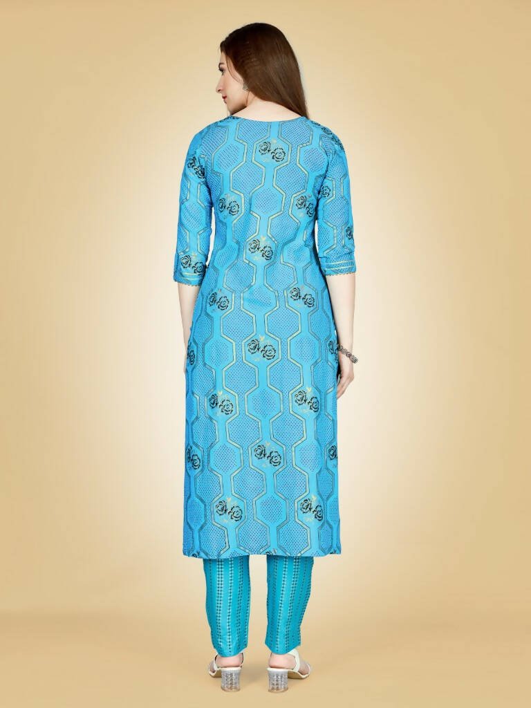 Aastha Fashion Women's Sky Blue Viscose Rayon Embroidered Kurta Pant Set - Grab2buy