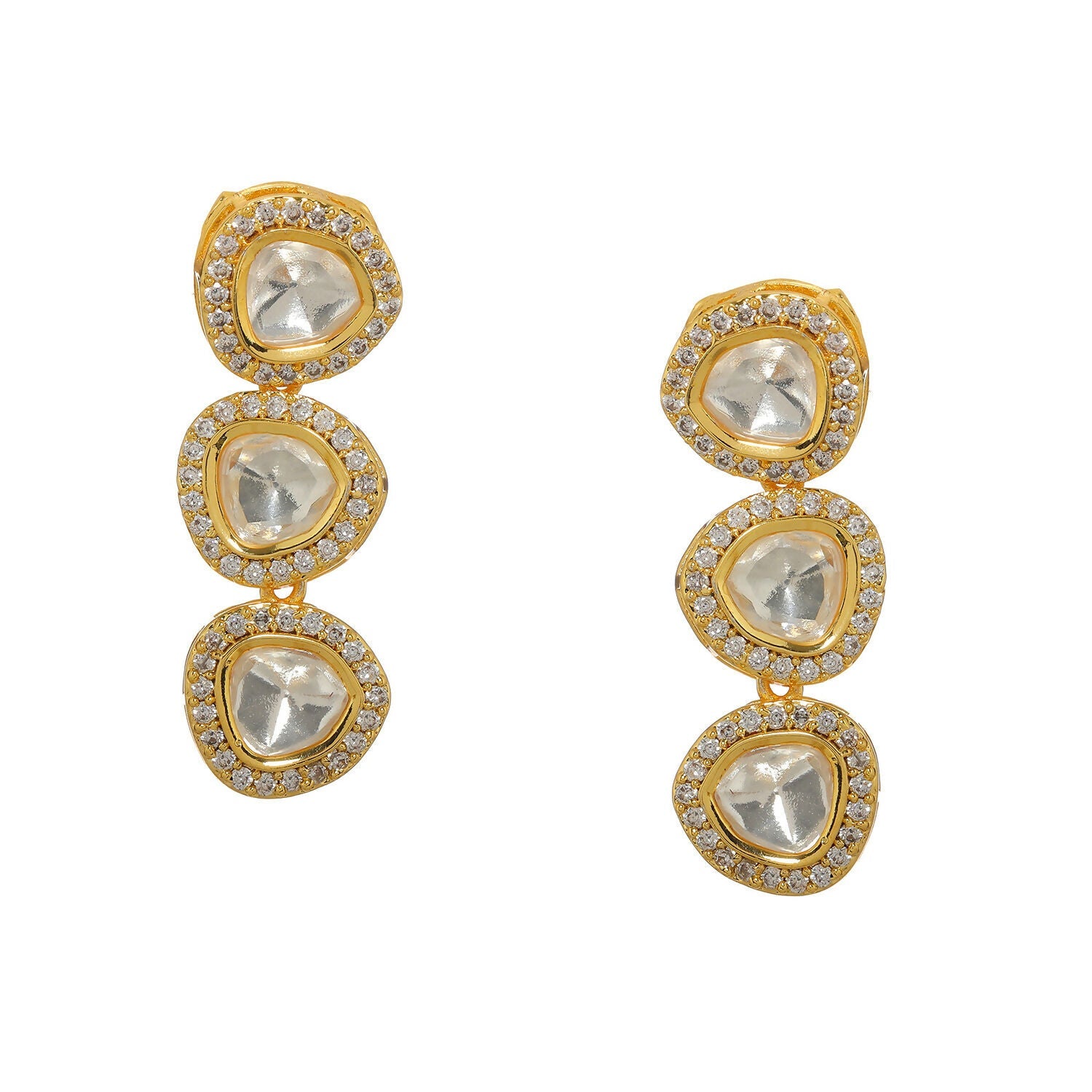 Uncut 3 Tier Kundan Dangler Earrings (Gold) - Ruby Raang - Grab2buy