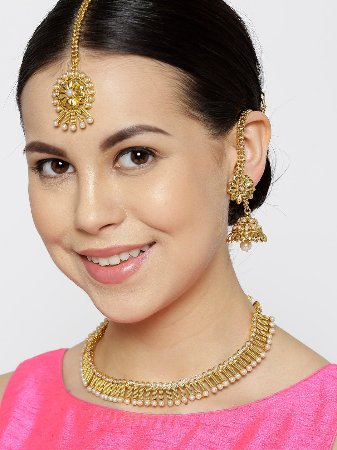 Priyaasi Women White Beads Gold Plated MaangTika Jewellery Set - Grab2buy
