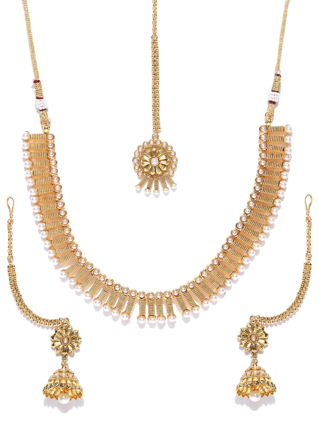 Priyaasi Women White Beads Gold Plated MaangTika Jewellery Set - Grab2buy
