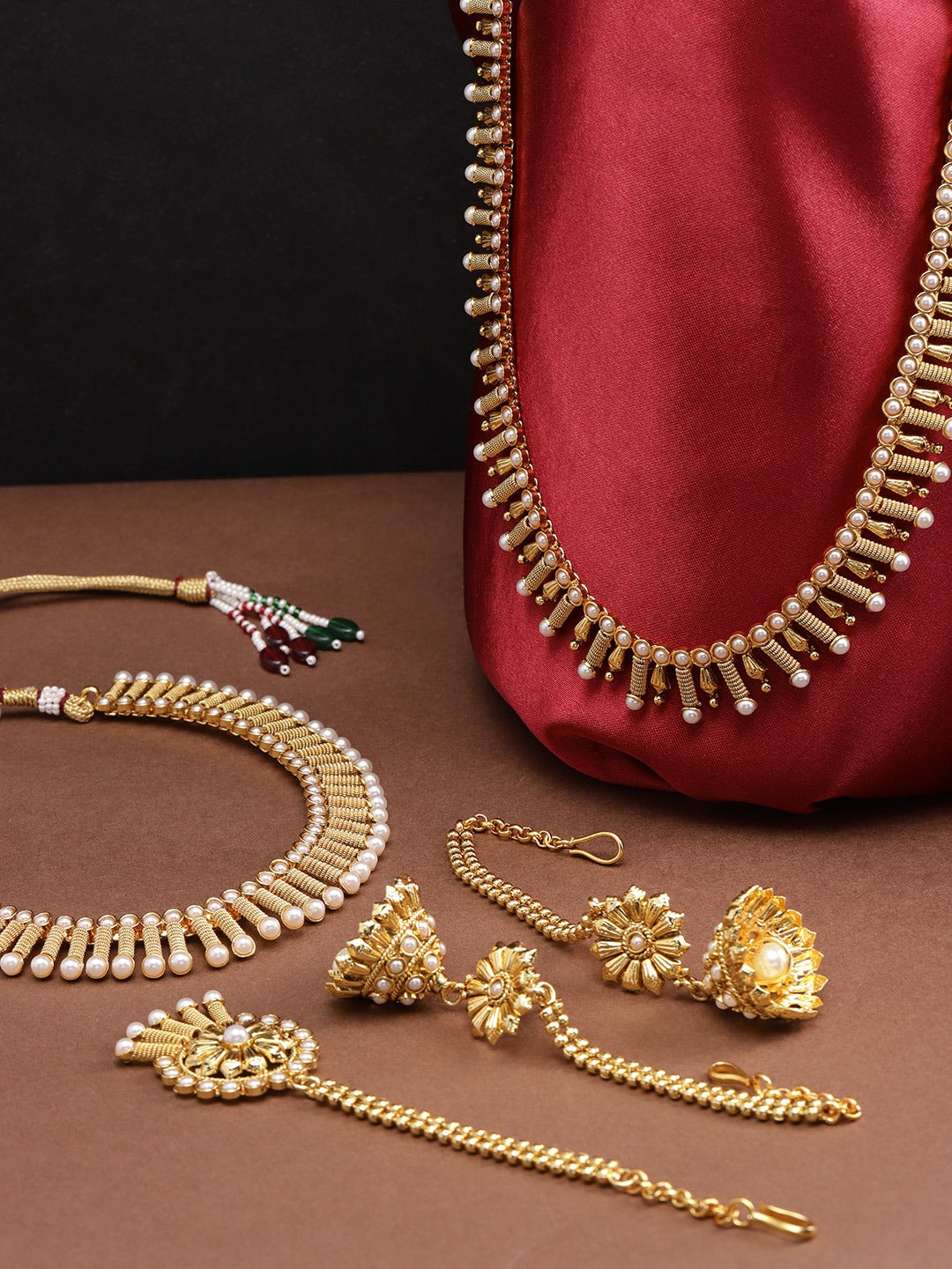 Priyaasi Women 2 Gold-Plated Pearls Necklaces With Jhumki & Maangtika - Grab2buy