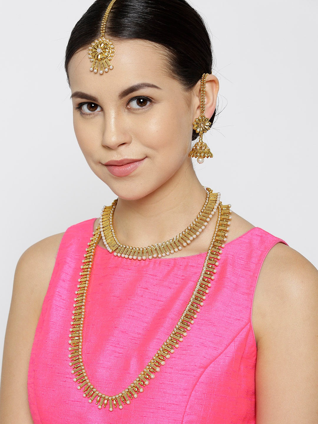 Priyaasi Women 2 Gold-Plated Pearls Necklaces With Jhumki & Maangtika - Grab2buy