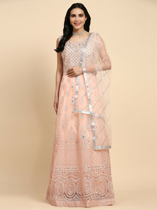 Peach Net Hand Embroidered Gown - Rudrani