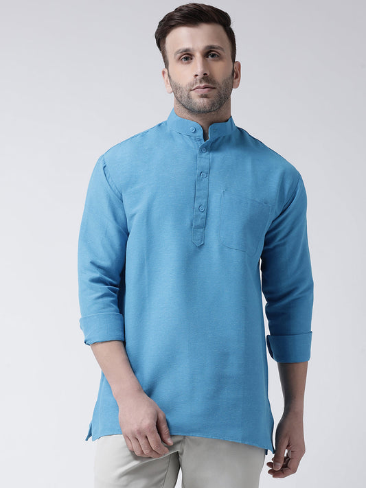 RIAG Blue Color Long Sleeves Men's Cotton Short Kurta