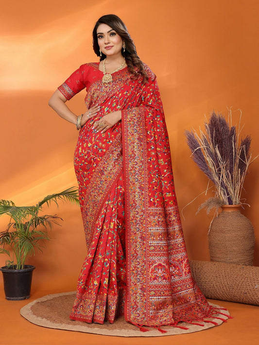 Joban Fashion Red Meena Weaves Pashmina Sarees