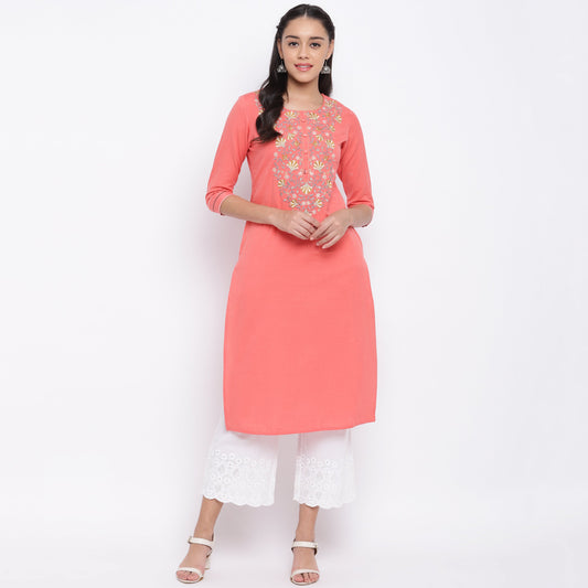 NOZ2TOZ Women's Embroidered Peach Kurti- (1pc Set)
