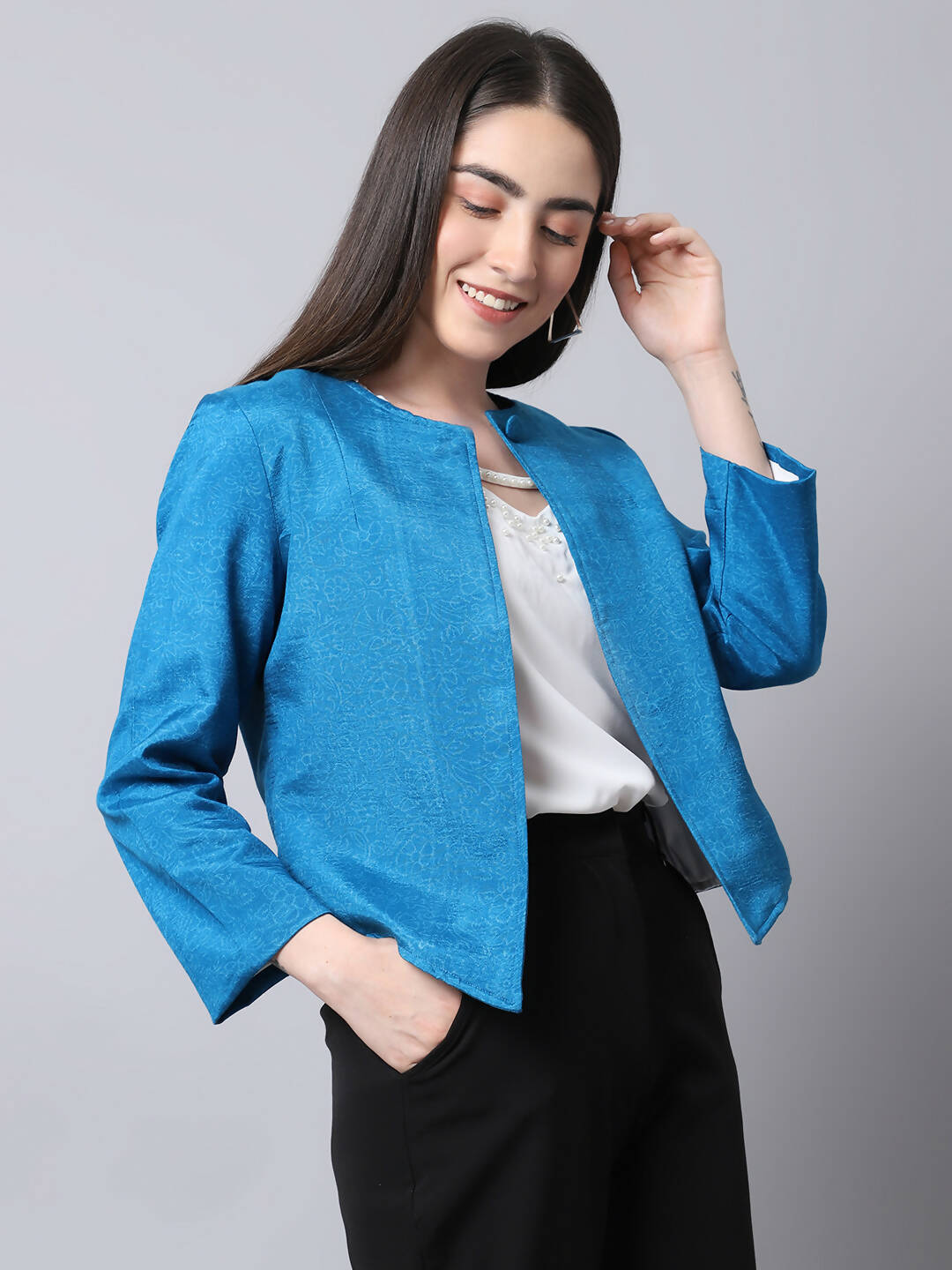 Even Apparels Blue 100% Viscose Open Front Statement Women's Jacket - Grab2buy