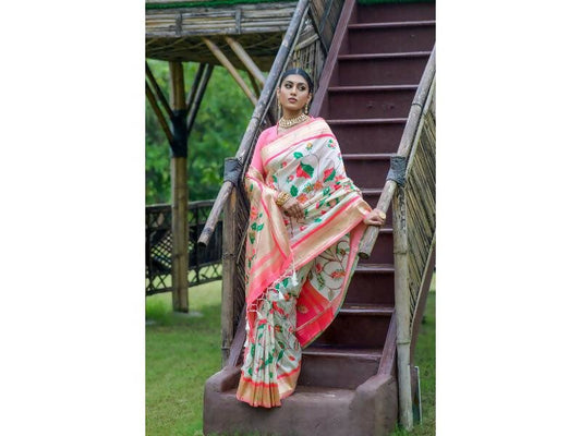 Aastha Fashion Women's White Banarasi Silk Meenakari Zari Woven Saree with Blouse - Grab2buy