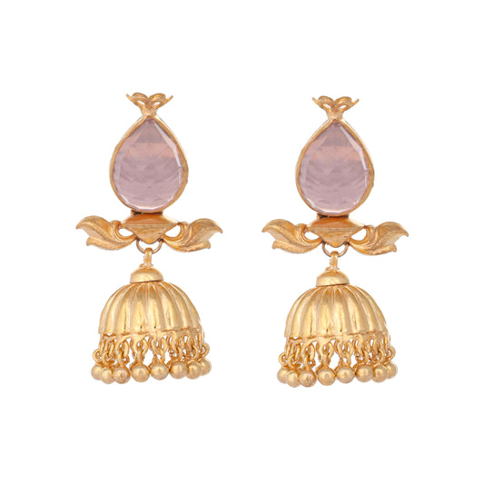 Nuyug 22K Gold Plated Rose Quartz Stone Studded Ethnic Jhumkas | Swadesiicart