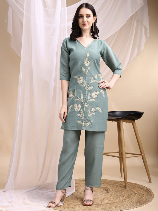 Hand Embroidered & Painted Kurta With Pant, Green - Hiral Fashion